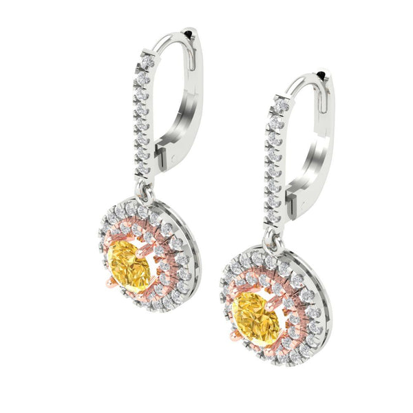 2.04 ct Brilliant Round Cut Halo Drop Dangle Natural Citrine Stone White/Rose Gold Earrings Lever Back