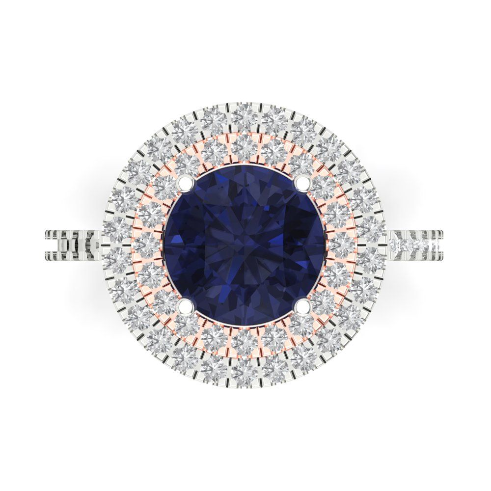 2.6 cttw Simulated Blue Sapphire Hidden Halo Engagement Ring - Solid White/Rose Gold (VVS1, Round Cut,8.0mm)