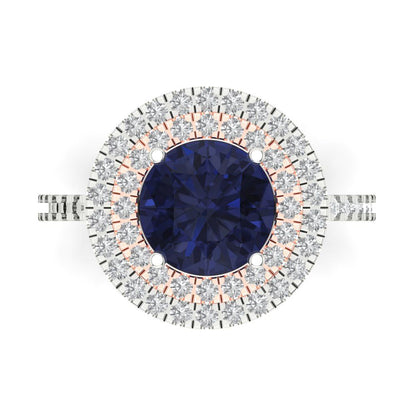 2.6 cttw Simulated Blue Sapphire Hidden Halo Engagement Ring - Solid White/Rose Gold (VVS1, Round Cut,8.0mm)