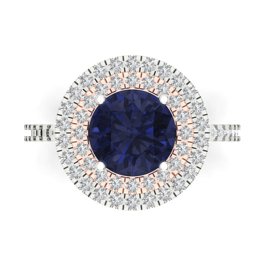 2.6 cttw Simulated Blue Sapphire Hidden Halo Engagement Ring - Solid White/Rose Gold (VVS1, Round Cut,8.0mm)