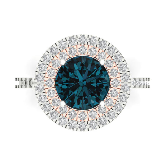 2.6 cttw Natural London Blue Topaz Hidden Halo Engagement Ring - Solid White/Rose Gold (VVS1, Round Cut,8.0mm)