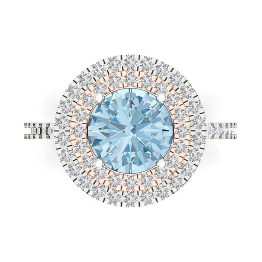 2.6 cttw Natural Swiss Blue Topaz Hidden Halo Engagement Ring - Solid White/Rose Gold (VVS1, Round Cut,8.0mm)