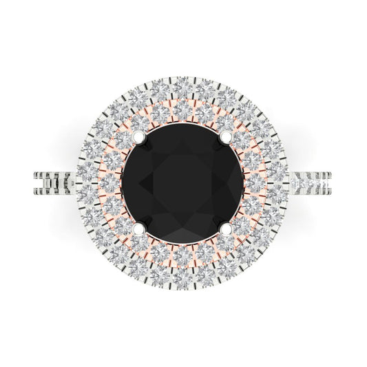 2.6 cttw Natural Onyx Hidden Halo Engagement Ring - Solid White/Rose Gold (VVS1, Round Cut,8.0mm)