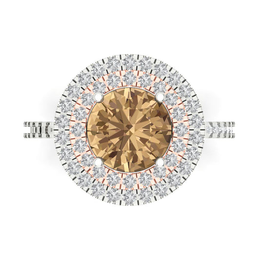 2.6 cttw Zirconia Simulated Champagne Diamond Hidden Halo Engagement Ring - Solid White/Rose Gold (VVS1, Round Cut,8.0mm)