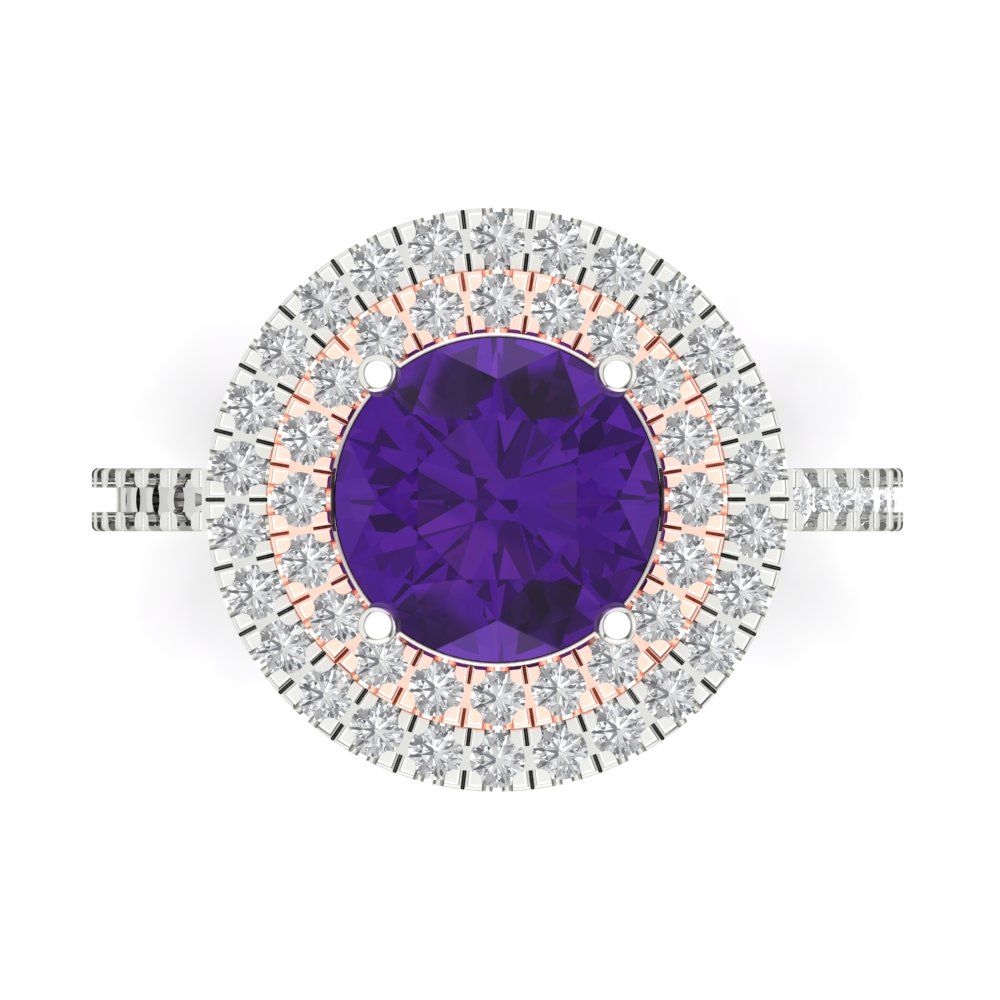 2.6 cttw Natural Amethyst Hidden Halo Engagement Ring - Solid White/Rose Gold (VVS1, Round Cut,8.0mm)