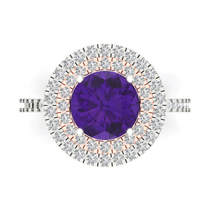 2.6 cttw Natural Amethyst Hidden Halo Engagement Ring - Solid White/Rose Gold (VVS1, Round Cut,8.0mm)