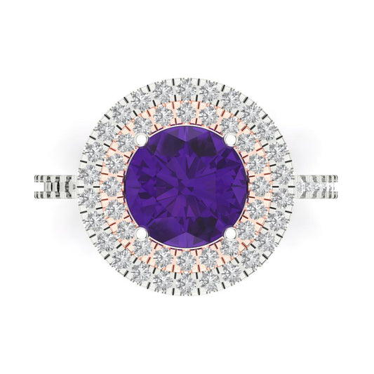 2.6 cttw Natural Amethyst Hidden Halo Engagement Ring - Solid White/Rose Gold (VVS1, Round Cut,8.0mm)