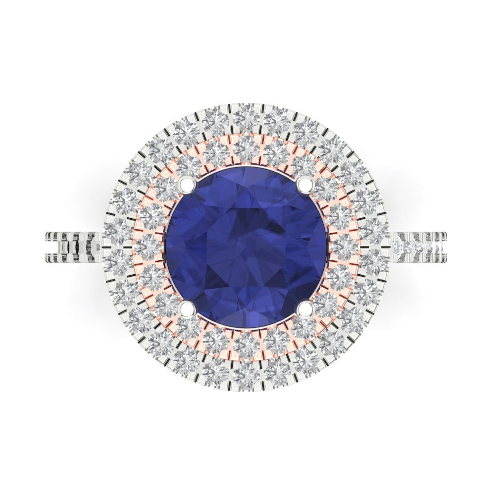 2.6 cttw Simulated Tanzanite Hidden Halo Engagement Ring - Solid White/Rose Gold (VVS1, Round Cut,8.0mm)