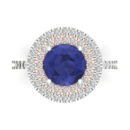 2.6 cttw Simulated Tanzanite Hidden Halo Engagement Ring - Solid White/Rose Gold (VVS1, Round Cut,8.0mm)