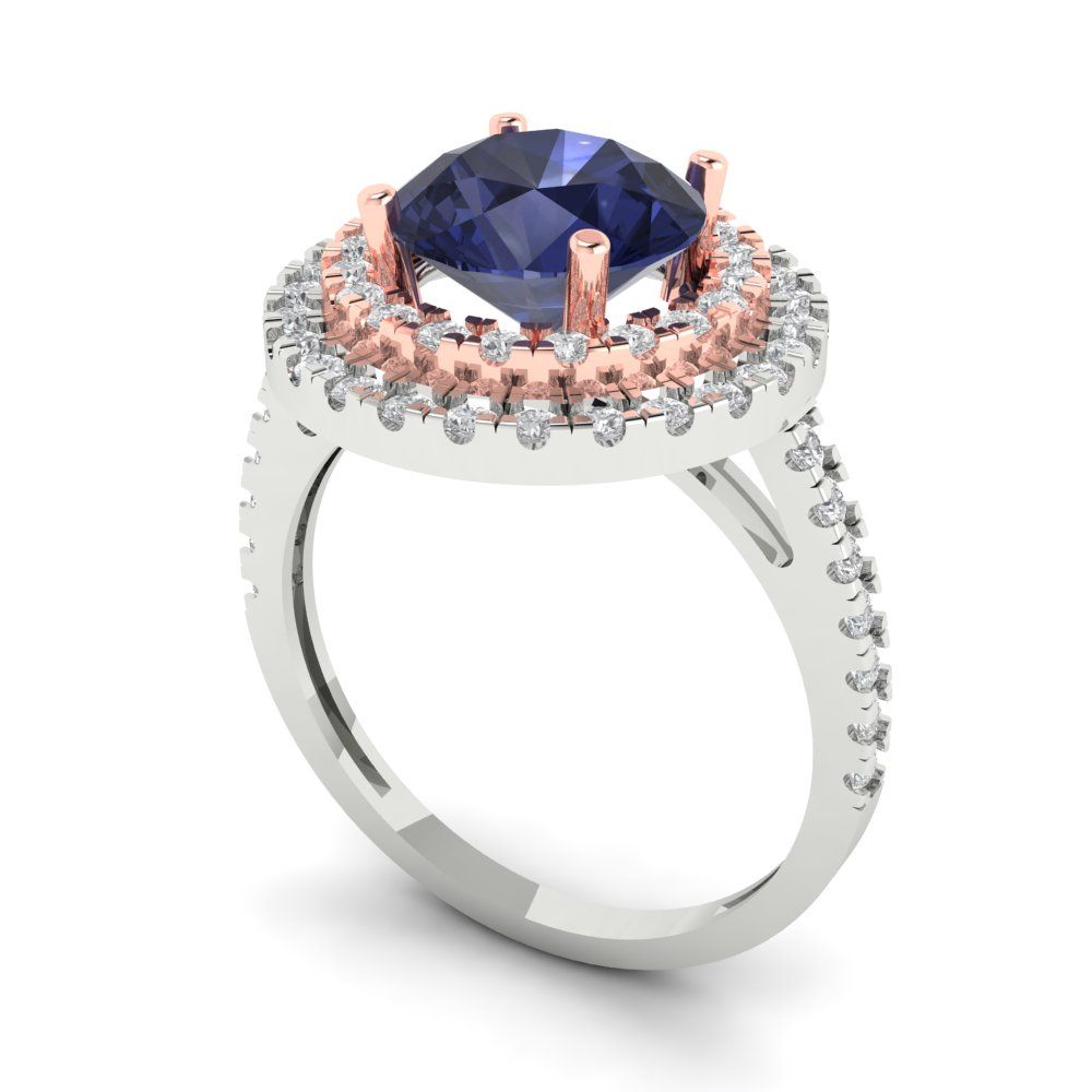 2.6 cttw Simulated Blue Sapphire Hidden Halo Engagement Ring - Solid White/Rose Gold (VVS1, Round Cut,8.0mm)