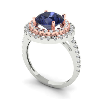 2.6 cttw Simulated Blue Sapphire Hidden Halo Engagement Ring - Solid White/Rose Gold (VVS1, Round Cut,8.0mm)