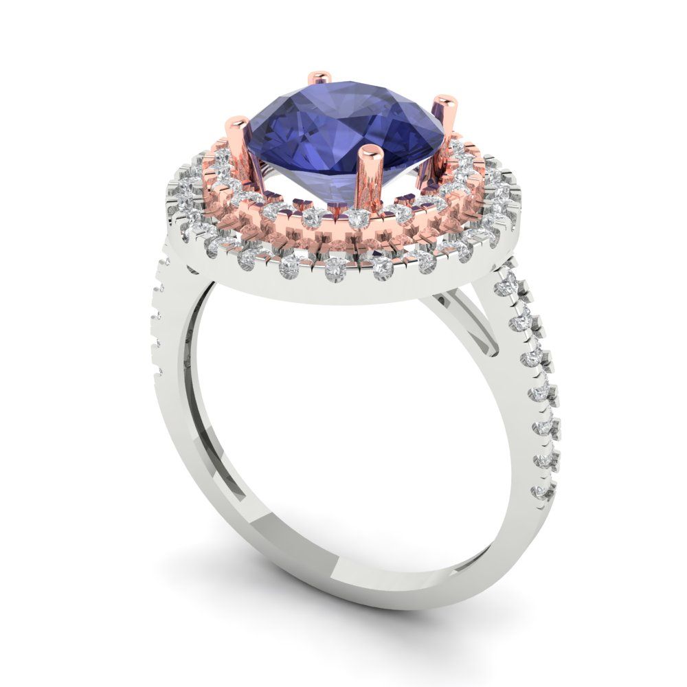 2.6 cttw Simulated Tanzanite Hidden Halo Engagement Ring - Solid White/Rose Gold (VVS1, Round Cut,8.0mm)