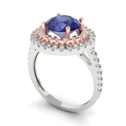2.6 cttw Simulated Tanzanite Hidden Halo Engagement Ring - Solid White/Rose Gold (VVS1, Round Cut,8.0mm)