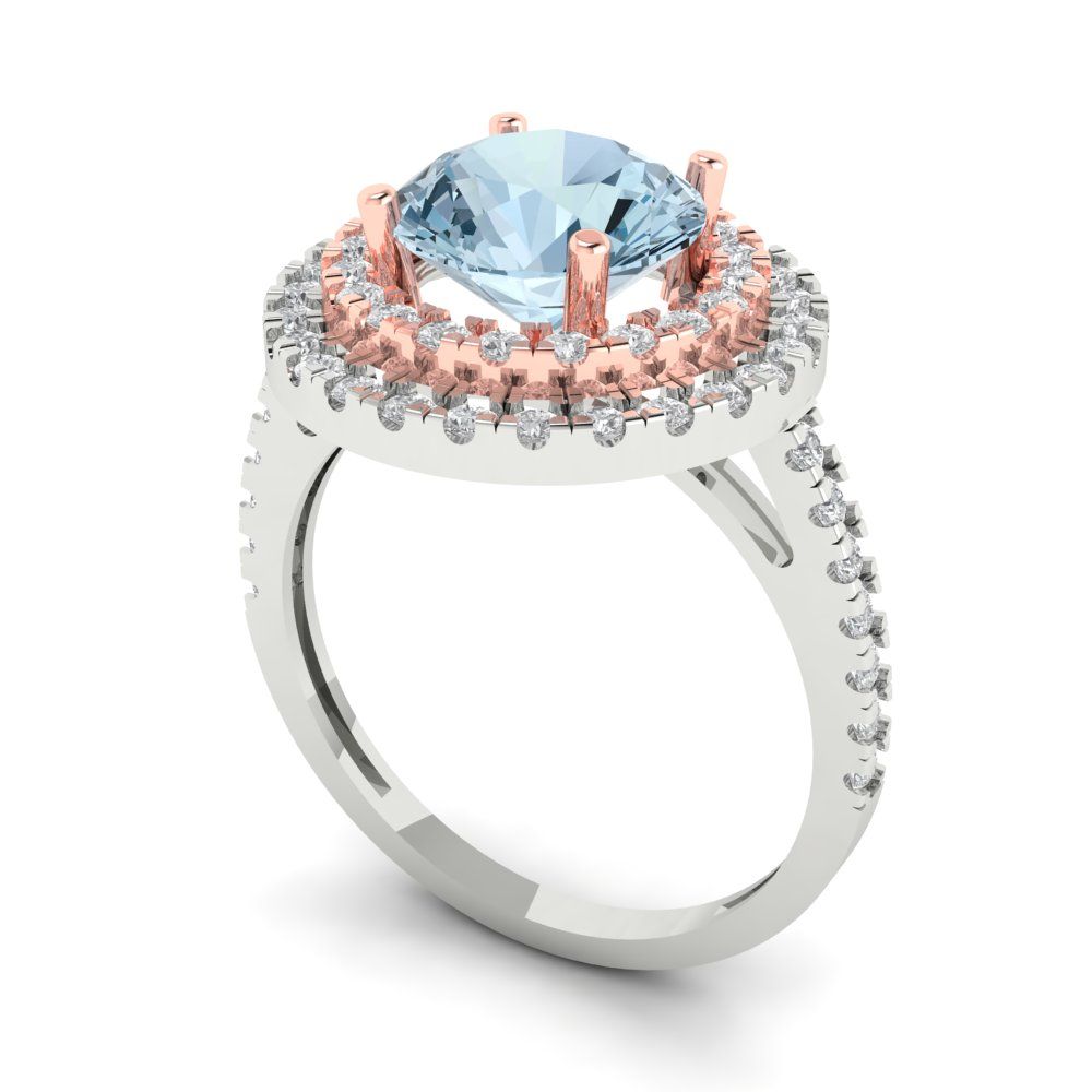 2.6 cttw Natural Aquamarine Hidden Halo Engagement Ring - Solid White/Rose Gold (VVS1, Round Cut,8.0mm)