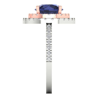 2.6 cttw Simulated Blue Sapphire Hidden Halo Engagement Ring - Solid White/Rose Gold (VVS1, Round Cut,8.0mm)