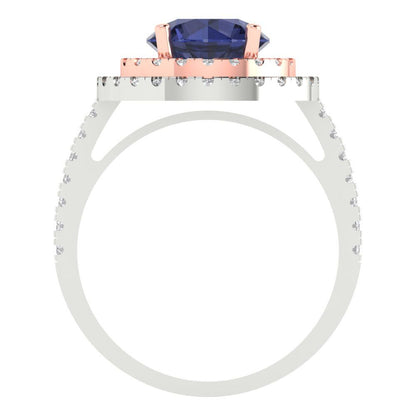 2.6 cttw Simulated Blue Sapphire Hidden Halo Engagement Ring - Solid White/Rose Gold (VVS1, Round Cut,8.0mm)