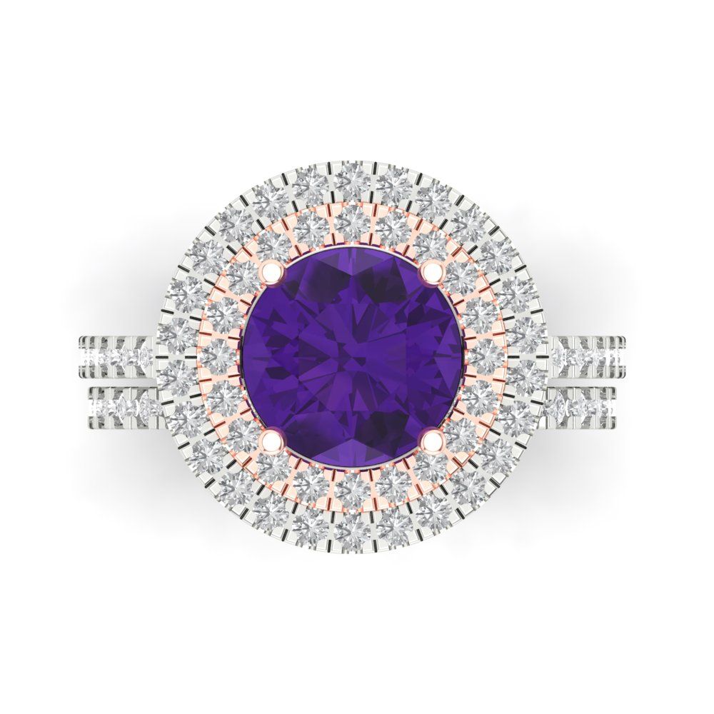 2.73 cttw Round Cut Natural Amethyst Bridal Set - Solid White/Rose Gold Engagement Ring & Wedding Band