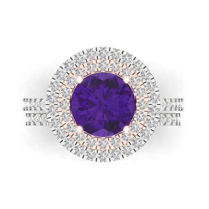 2.73 cttw Round Cut Natural Amethyst Bridal Set - Solid White/Rose Gold Engagement Ring & Wedding Band