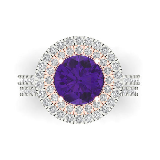 2.73 cttw Round Cut Natural Amethyst Bridal Set - Solid White/Rose Gold Engagement Ring & Wedding Band