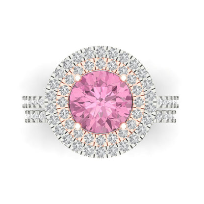2.73 cttw Round Cut Simulated Pink Diamond Bridal Set - Solid White/Rose Gold Engagement Ring & Wedding Band