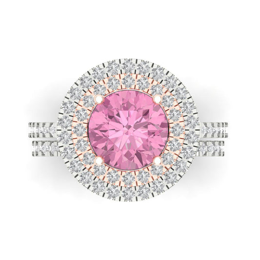 2.73 cttw Round Cut Simulated Pink Diamond Bridal Set - Solid White/Rose Gold Engagement Ring & Wedding Band
