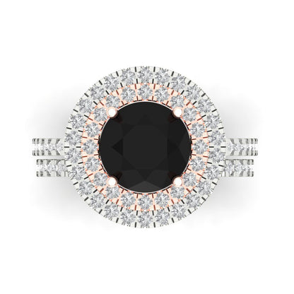 2.73 cttw Round Cut Natural Onyx Bridal Set - Solid White/Rose Gold Engagement Ring & Wedding Band