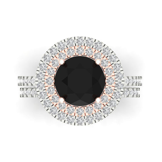 2.73 cttw Round Cut Natural Onyx Bridal Set - Solid White/Rose Gold Engagement Ring & Wedding Band