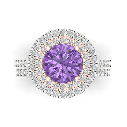 2.73 cttw Round Cut Simulated Alexandrite Bridal Set - Solid White/Rose Gold Engagement Ring & Wedding Band
