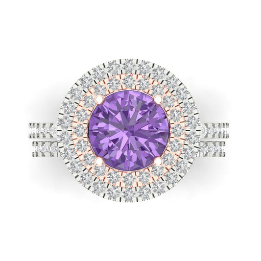 2.73 cttw Round Cut Simulated Alexandrite Bridal Set - Solid White/Rose Gold Engagement Ring & Wedding Band