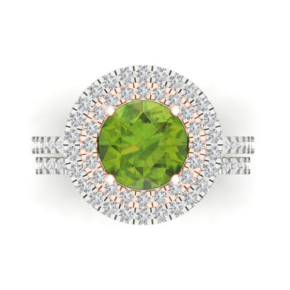 2.73 cttw Round Cut Natural Peridot Bridal Set - Solid White/Rose Gold Engagement Ring & Wedding Band