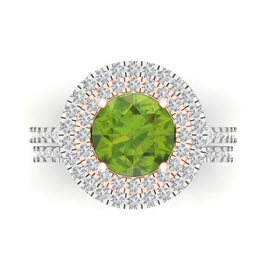 2.73 cttw Round Cut Natural Peridot Bridal Set - Solid White/Rose Gold Engagement Ring & Wedding Band