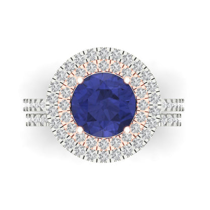 2.73 cttw Round Cut Simulated Tanzanite Bridal Set - Solid White/Rose Gold Engagement Ring & Wedding Band