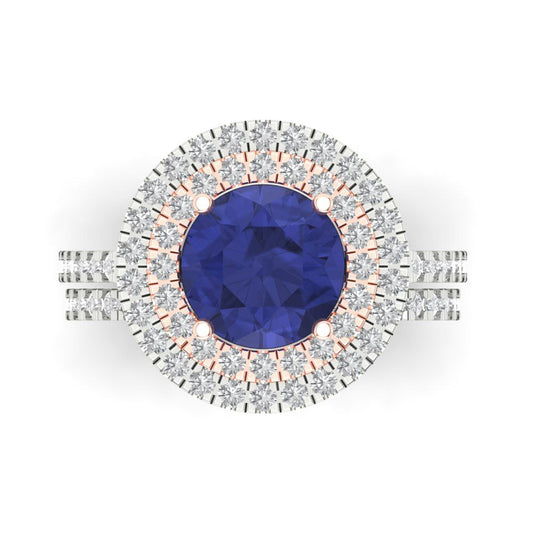 2.73 cttw Round Cut Simulated Tanzanite Bridal Set - Solid White/Rose Gold Engagement Ring & Wedding Band
