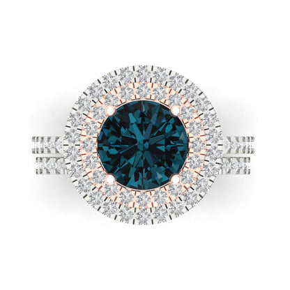 2.73 cttw Round Cut Natural London Blue Topaz Bridal Set - Solid White/Rose Gold Engagement Ring & Wedding Band