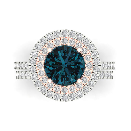 2.73 cttw Round Cut Natural London Blue Topaz Bridal Set - Solid White/Rose Gold Engagement Ring & Wedding Band