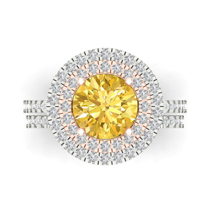 2.73 cttw Round Cut Simulated Yellow Diamond Bridal Set - Solid White/Rose Gold Engagement Ring & Wedding Band
