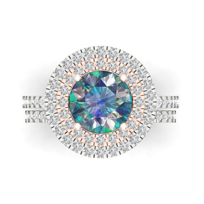 2.73 cttw Round Cut Blue Moissanite Bridal Set - Solid White/Rose Gold Engagement Ring & Wedding Band