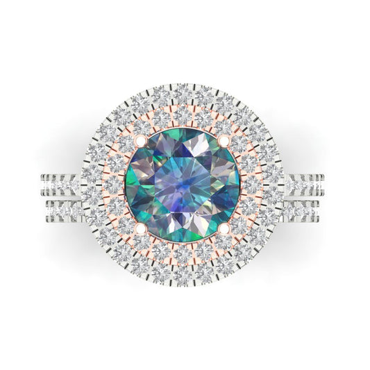 2.73 cttw Round Cut Blue Moissanite Bridal Set - Solid White/Rose Gold Engagement Ring & Wedding Band