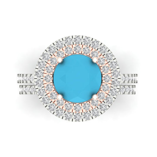2.73 cttw Round Cut Simulated Turquoise Bridal Set - Solid White/Rose Gold Engagement Ring & Wedding Band