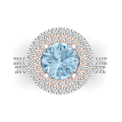 2.73 cttw Round Cut Natural Aquamarine Bridal Set - Solid White/Rose Gold Engagement Ring & Wedding Band