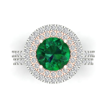 2.73 cttw Round Cut Simulated Emerald Bridal Set - Solid White/Rose Gold Engagement Ring & Wedding Band