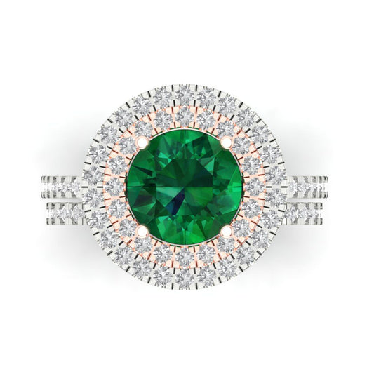 2.73 cttw Round Cut Simulated Emerald Bridal Set - Solid White/Rose Gold Engagement Ring & Wedding Band