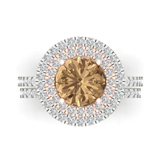 2.73 cttw Round Cut Simulated Champagne Diamond Bridal Set - Solid White/Rose Gold Engagement Ring & Wedding Band
