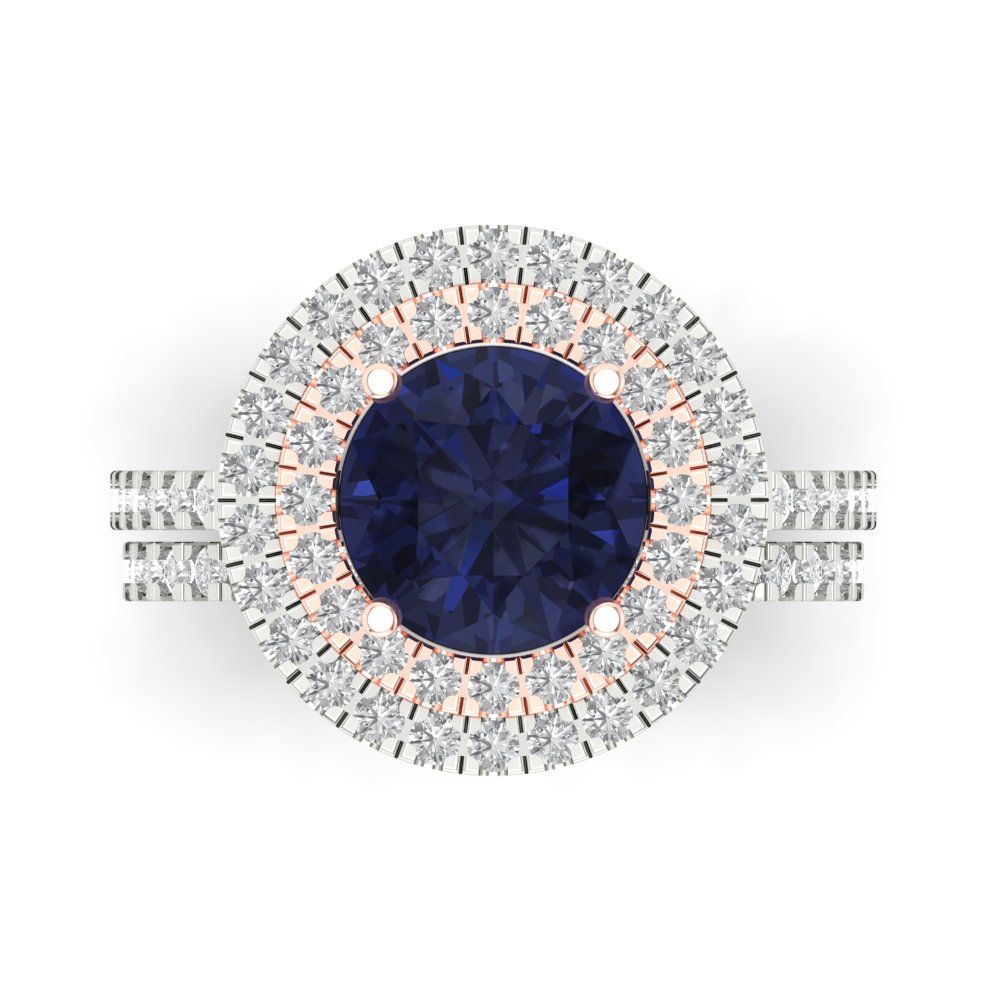 2.73 cttw Round Cut Simulated Blue Sapphire Bridal Set - Solid White/Rose Gold Engagement Ring & Wedding Band