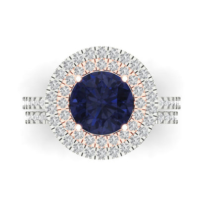 2.73 cttw Round Cut Simulated Blue Sapphire Bridal Set - Solid White/Rose Gold Engagement Ring & Wedding Band