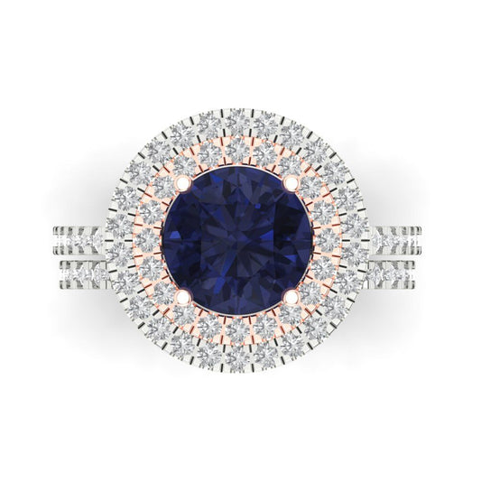 2.73 cttw Round Cut Simulated Blue Sapphire Bridal Set - Solid White/Rose Gold Engagement Ring & Wedding Band