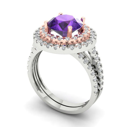 2.73 cttw Round Cut Natural Amethyst Bridal Set - Solid White/Rose Gold Engagement Ring & Wedding Band