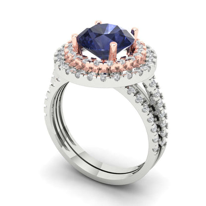 2.73 cttw Round Cut Simulated Blue Sapphire Bridal Set - Solid White/Rose Gold Engagement Ring & Wedding Band
