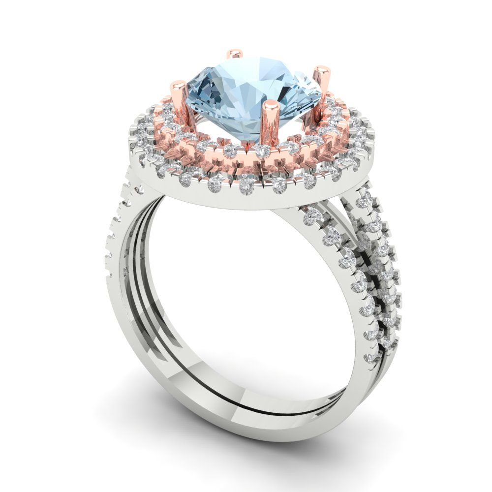 2.73 cttw Round Cut Natural Swiss Blue Topaz Bridal Set - Solid White/Rose Gold Engagement Ring & Wedding Band
