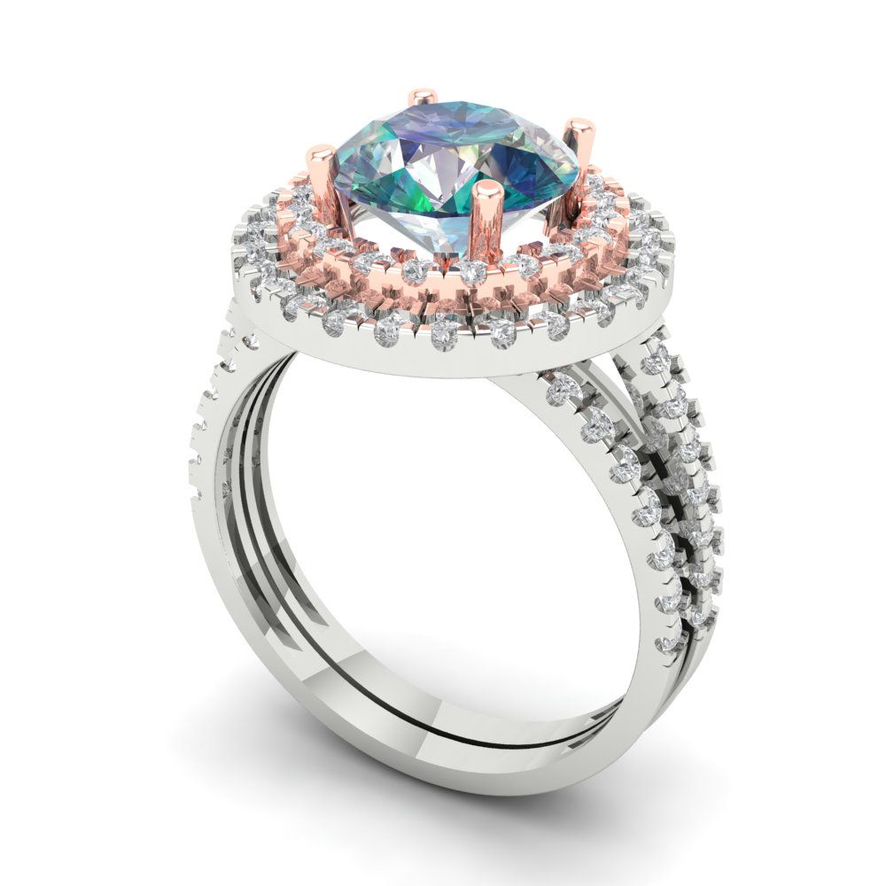 2.73 cttw Round Cut Blue Moissanite Bridal Set - Solid White/Rose Gold Engagement Ring & Wedding Band